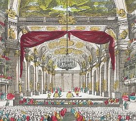 Vue perspective de l’Intérieur de la Salle du Spectactle de Veronne en Italie, Paris: chez Mondhare, 1800, Kupferstich und Radierung auf Papier, Handkoloriert, 30 x 46,5 cm, Theatergrafik-Sammlung 5511